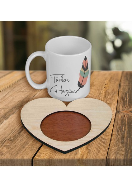 Kişiye Özel Tasarım Kupa Bardak ve Kalp Ahşap Bardak Altlığı 100487