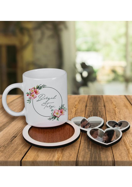 Kişiye Özel Tasarım Kupa Bardak ve Fotoğraflı Kalpler Ahşap Bardak Altlığı 99971