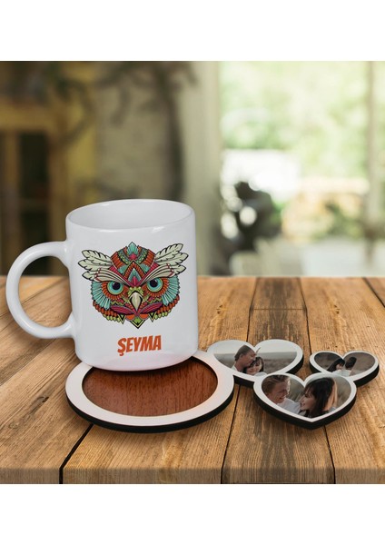 Kişiye Özel Tasarım Kupa Bardak ve Fotoğraflı Kalpler Ahşap Bardak Altlığı 99862