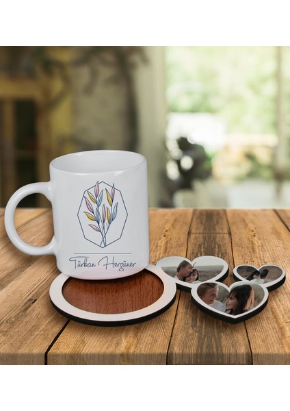 Kişiye Özel Tasarım Kupa Bardak ve Fotoğraflı Kalpler Ahşap Bardak Altlığı 99831