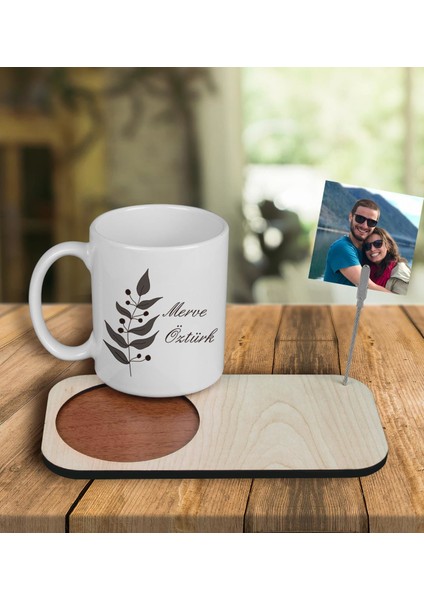 Kişiye Özel Tasarım Kupa Bardak ve Fotoğraflı Notluk Ahşap Bardak Altlığı 100870