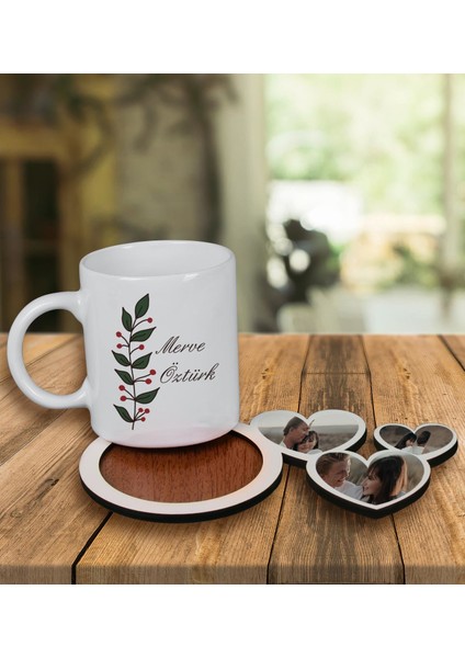 Kişiye Özel Tasarım Kupa Bardak ve Fotoğraflı Kalpler Ahşap Bardak Altlığı 99871