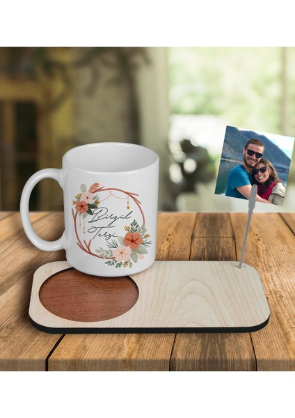 Kişiye Özel Tasarım Kupa Bardak ve Fotoğraflı Notluk Ahşap Bardak Altlığı 101099