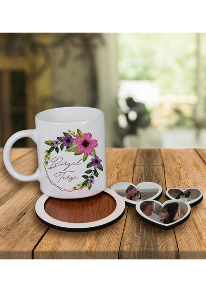 Kişiye Özel Tasarım Kupa Bardak ve Fotoğraflı Kalpler Ahşap Bardak Altlığı 100021