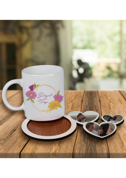 Kişiye Özel Tasarım Kupa Bardak ve Fotoğraflı Kalpler Ahşap Bardak Altlığı 100002