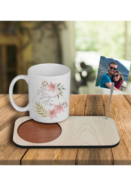Kişiye Özel Tasarım Kupa Bardak ve Fotoğraflı Notluk Ahşap Bardak Altlığı 101051