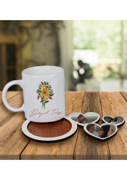 Kişiye Özel Tasarım Kupa Bardak ve Fotoğraflı Kalpler Ahşap Bardak Altlığı 100132