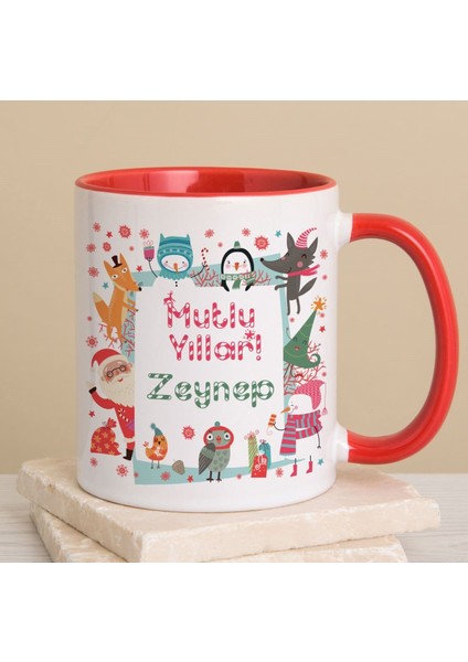Kişiye Özel Yeni Yıl Temalı Mutlu Yıllar Kaka Ikonlu Kırmızı Kulplu Kupa Bardak 80241