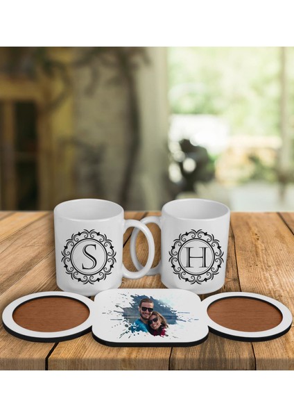 Çiftlere Özel Tasarım Kupa Bardaklar ve Ahşap Bardak Altlığı 101835