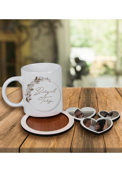Kişiye Özel Tasarım Kupa Bardak ve Fotoğraflı Kalpler Ahşap Bardak Altlığı 100129