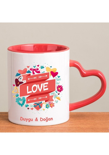 Kişiye Özel Love Temalı Kırmızı Kalp Kulplu Kupa Bardak 80289