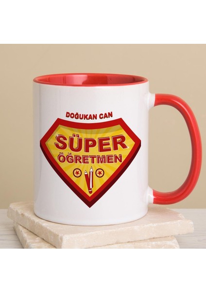 Kişiye Özel Süper Öğretmen Kırmızı Kulplu Kupa Bardak 80247