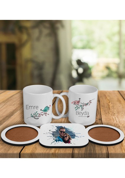 Çiftlere Özel Tasarım Kupa Bardaklar ve Ahşap Bardak Altlığı 101839