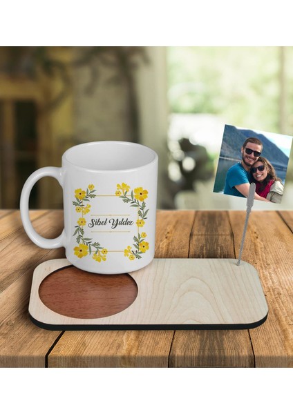 Kişiye Özel Tasarım Kupa Bardak ve Fotoğraflı Notluk Ahşap Bardak Altlığı 100945