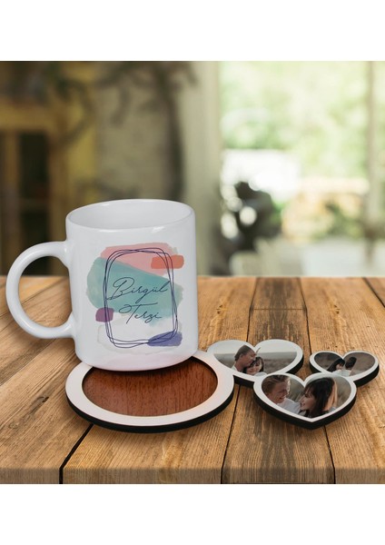 Kişiye Özel Tasarım Kupa Bardak ve Fotoğraflı Kalpler Ahşap Bardak Altlığı 100097