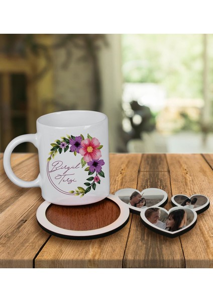 Kişiye Özel Tasarım Kupa Bardak ve Fotoğraflı Kalpler Ahşap Bardak Altlığı 100023