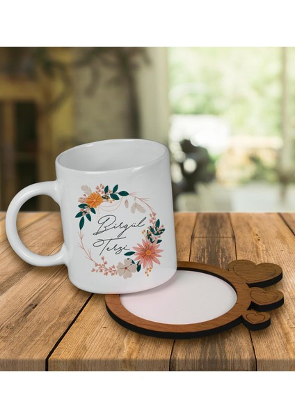 Kişiye Özel Tasarım Kupa Bardak ve Kalp Desenli Ahşap Bardak Altlığı 99767