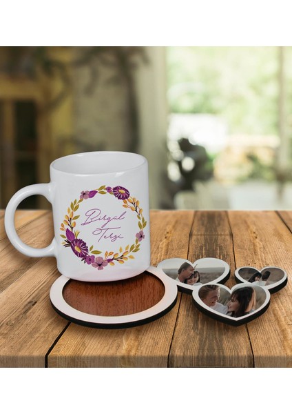 Kişiye Özel Tasarım Kupa Bardak ve Fotoğraflı Kalpler Ahşap Bardak Altlığı 99983