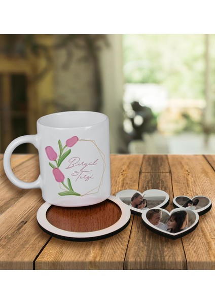 Kişiye Özel Tasarım Kupa Bardak ve Fotoğraflı Kalpler Ahşap Bardak Altlığı 99949