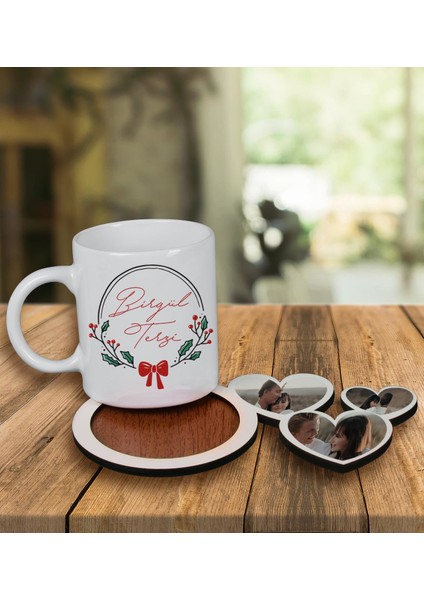 Kişiye Özel Tasarım Kupa Bardak ve Fotoğraflı Kalpler Ahşap Bardak Altlığı 100111