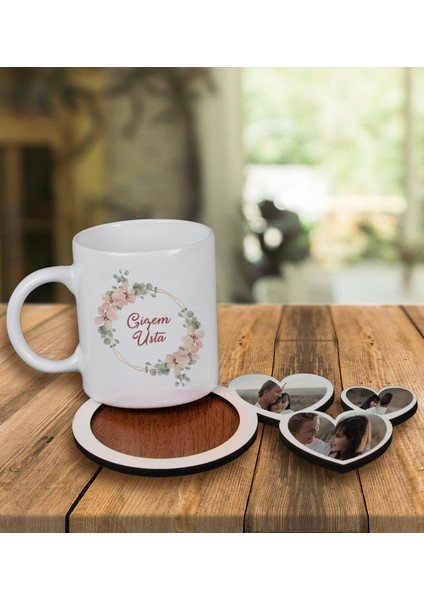 Kişiye Özel Tasarım Kupa Bardak ve Fotoğraflı Kalpler Ahşap Bardak Altlığı 99887