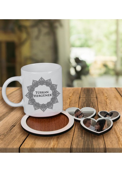 Kişiye Özel Tasarım Kupa Bardak ve Fotoğraflı Kalpler Ahşap Bardak Altlığı 99845