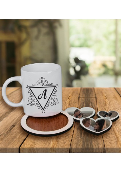 Kişiye Özel Tasarım Kupa Bardak ve Fotoğraflı Kalpler Ahşap Bardak Altlığı 99897