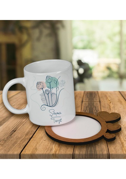 Kişiye Özel Tasarım Kupa Bardak ve Kalp Desenli Ahşap Bardak Altlığı 99487