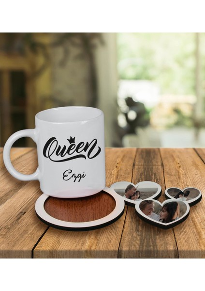 Kişiye Özel Tasarım Kupa Bardak ve Fotoğraflı Kalpler Ahşap Bardak Altlığı 99896