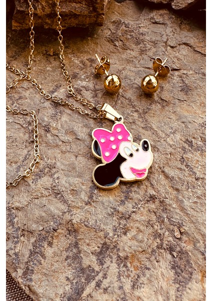 Mooni Accessories Seni Mini Fare Pembe Benekli Kurdeleli Mickey Paslanmaz Çelik Top Küpeli Kolye Seti