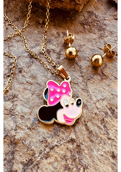 Mooni Accessories Seni Mini Fare Pembe Benekli Kurdeleli Mickey Paslanmaz Çelik Top Küpeli Kolye Seti