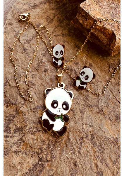 Mooni Accessories Sevimli Panda Mineli Gold Altın Renk Paslanmaz Çelik Küpe Kolye Set