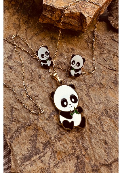 Mooni Accessories Sevimli Panda Mineli Gold Altın Renk Paslanmaz Çelik Küpe Kolye Set