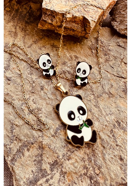 Mooni Accessories Sevimli Panda Mineli Gold Altın Renk Paslanmaz Çelik Küpe Kolye Set