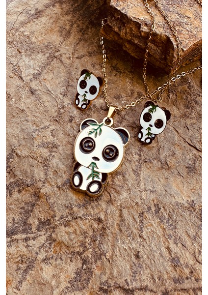 Mooni Accessories Şaşkın Panda Tasarım Altın Gold Renk Paslanmaz Çelik Zincir Kolye Küpe Set