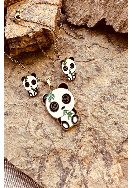 Mooni Accessories Şaşkın Panda Tasarım Altın Gold Renk Paslanmaz Çelik Zincir Kolye Küpe Set