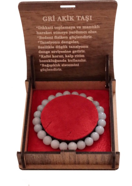 Gri Akik Taşı Bileklik – 8 mm Doğal Taş ve Şık Hediye Kutusu