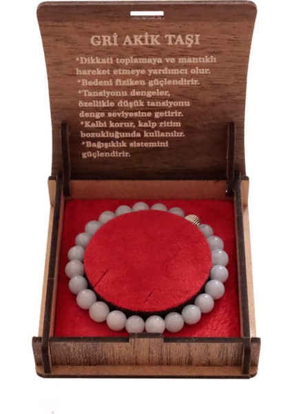 Gri Akik Taşı Bileklik – 8 mm Doğal Taş ve Şık Hediye Kutusu
