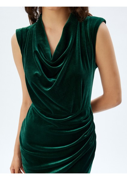 Kadife Elbise Mini Degaje Yaka Kolsuz Drapeli Slim Fit