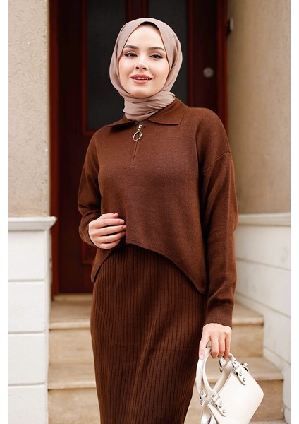 Peyda Elbise Kazak Ikili Triko Takım 1222 - Acı Kahve