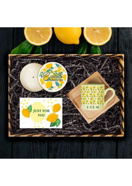 Kişiye Özel Limon Temalı Türk Kahvesi Fincanı & Mum & Mesaj Kartı Hediye Kutusu 114051