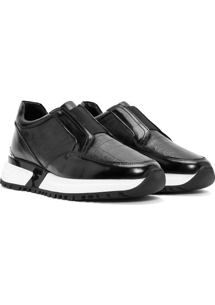 Erkek Siyah Kroko Desenli Deri Sneaker 24WFD641214