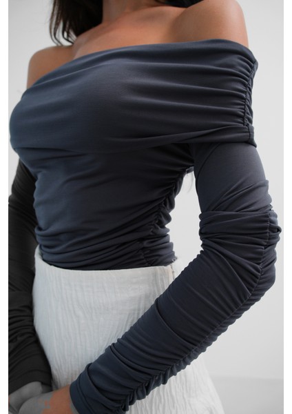 Omuz Dekolte Straplez Gri Bluz fırsatları