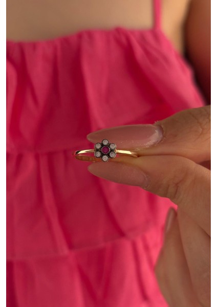 14 Ayar Altın Bordo Taş Detaylı Papatya Set indirimleri