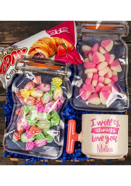 Kişiye Özel Kupa & Kalp Candy Şeker & Toffe Mevyalı Şeker & Çilekli Kruvasan 111126