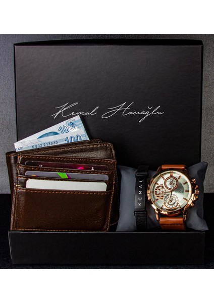 Kişiye Özel Kutusunda Cüzdan Kartlık Bileklik ve Saat Erkek 93878