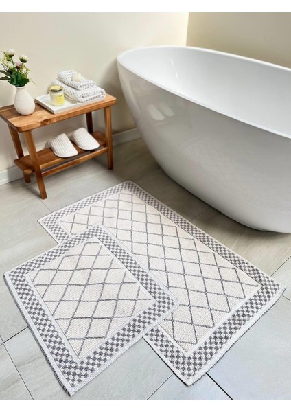Eylül Pamuklu 2'Li Banyo Paspas Seti 55x100+50x55 Cm - Gri