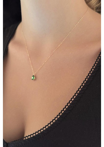 14 Ayar Altın Zümrüt Taşlı Damla Kolye
