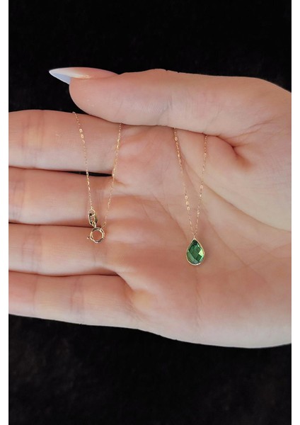 14 Ayar Altın Zümrüt Taşlı Damla Kolye fırsatları