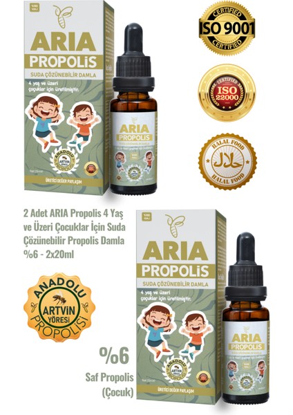 2 Adet 4 Yaş ve Üzeri Çocuklar İçin Suda Çözünebilir Propolis Damla %6 - 2x20ml